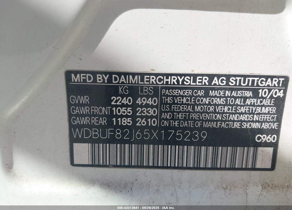 2005 MERCEDES-BENZ E 320 4MATIC VIN: WDBUF82J65X175239