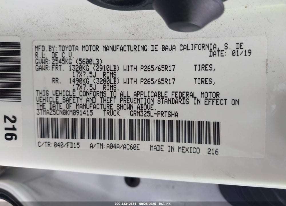 2019 TOYOTA TACOMA VIN: 3TMAZ5CN0KM091415