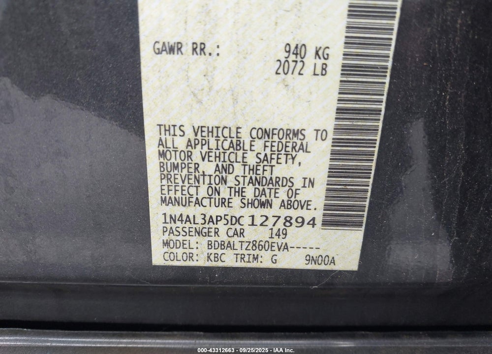 2013 NISSAN ALTIMA 2.5 SV VIN: 1N4AL3AP5DC127894