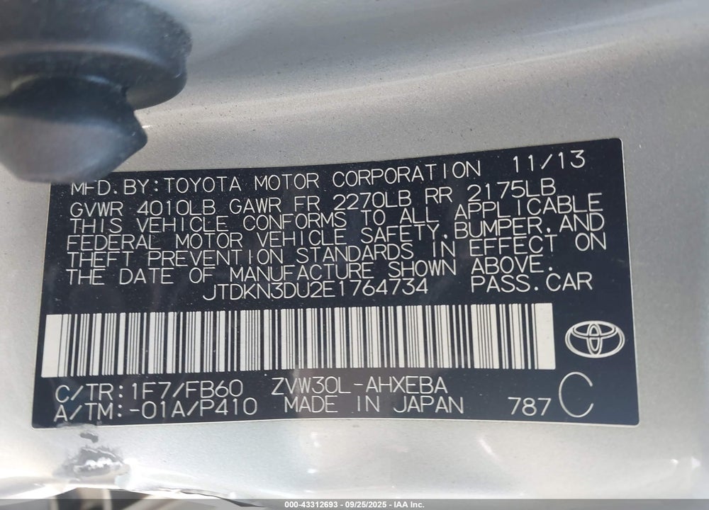 2014 TOYOTA PRIUS VIN: JTDKN3DU2E1764734