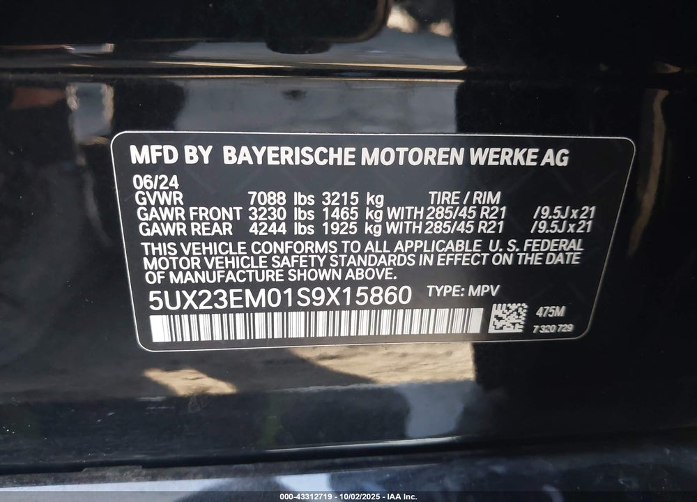 2025 BMW X7 XDRIVE40I VIN: 5UX23EM01S9X15860