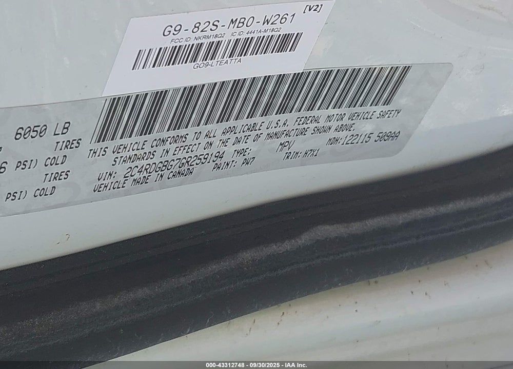 2016 DODGE GRAND CARAVAN SE VIN: 2C4RDGBG7GR259194