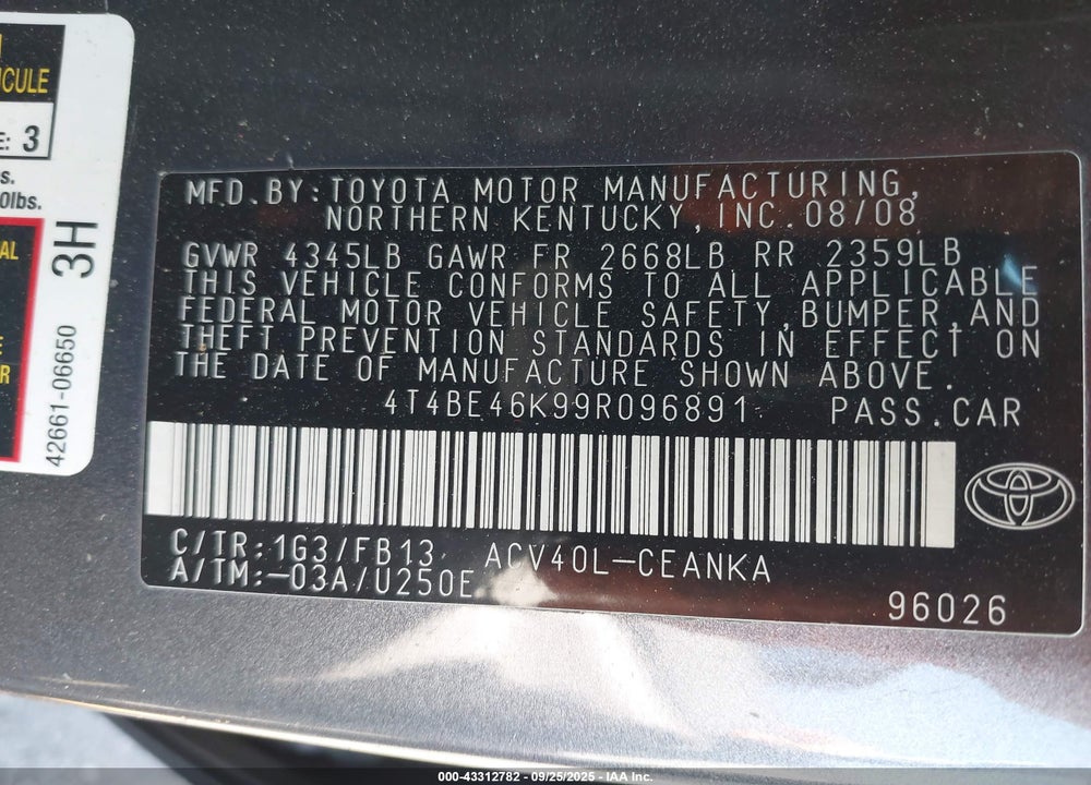 2009 TOYOTA CAMRY VIN: 4T4BE46K99R096891