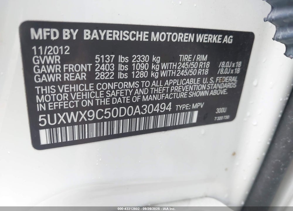 2013 BMW X3 VIN: 5UXWX9C50D0A30494