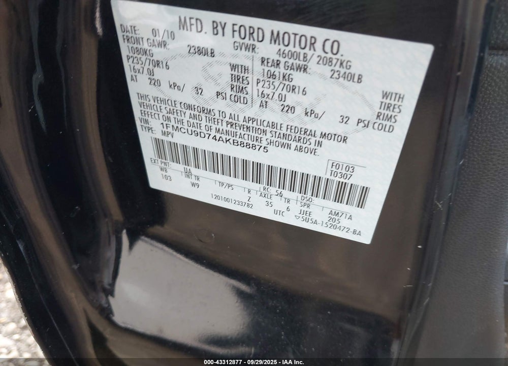 2010 FORD ESCAPE VIN: 1FMCU9D74AKB88875