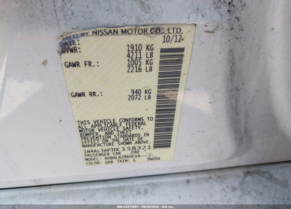 2013 NISSAN ALTIMA VIN: 1N4AL3AP3DC158321