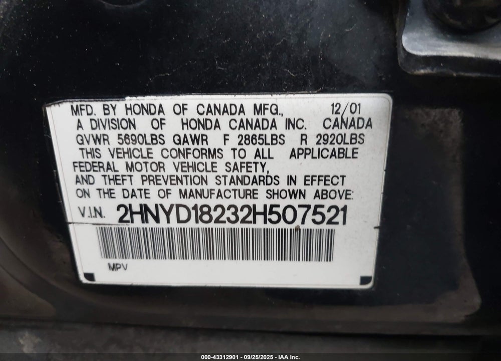 2002 ACURA MDX VIN: 2HNYD18232H507521