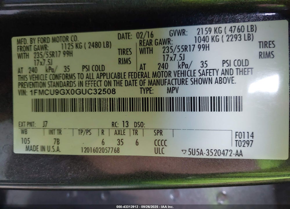 2016 FORD ESCAPE VIN: 1FMCU9GX0GUC32508