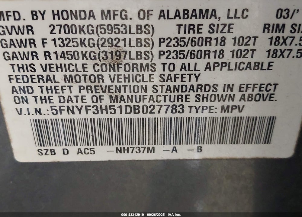 2013 HONDA PILOT VIN: 5FNYF3H51DB027783