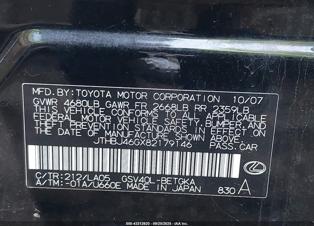2008 LEXUS ES 350 VIN: JTHBJ46GX82179146
