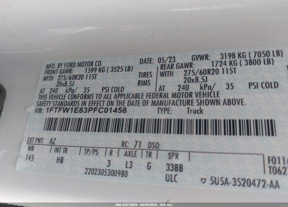 2023 FORD F-150 VIN: 1FTFW1E83PFC01458