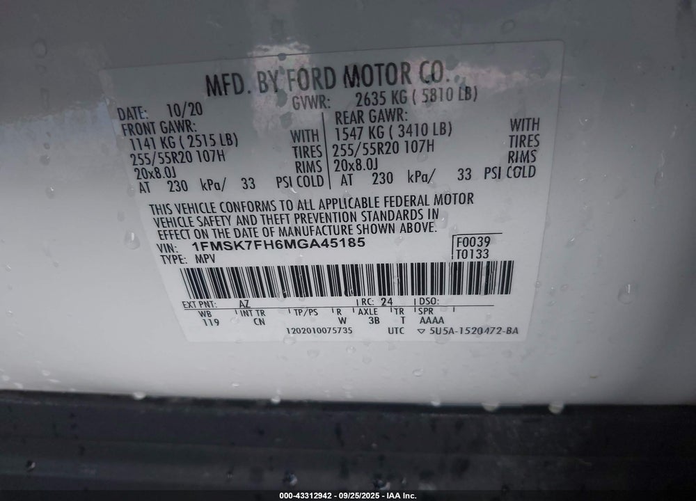 2021 FORD EXPLORER LIMITED VIN: 1FMSK7FH6MGA45185
