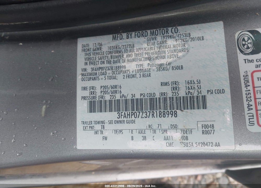 2007 FORD FUSION SE VIN: 3FAHP07Z37R188998
