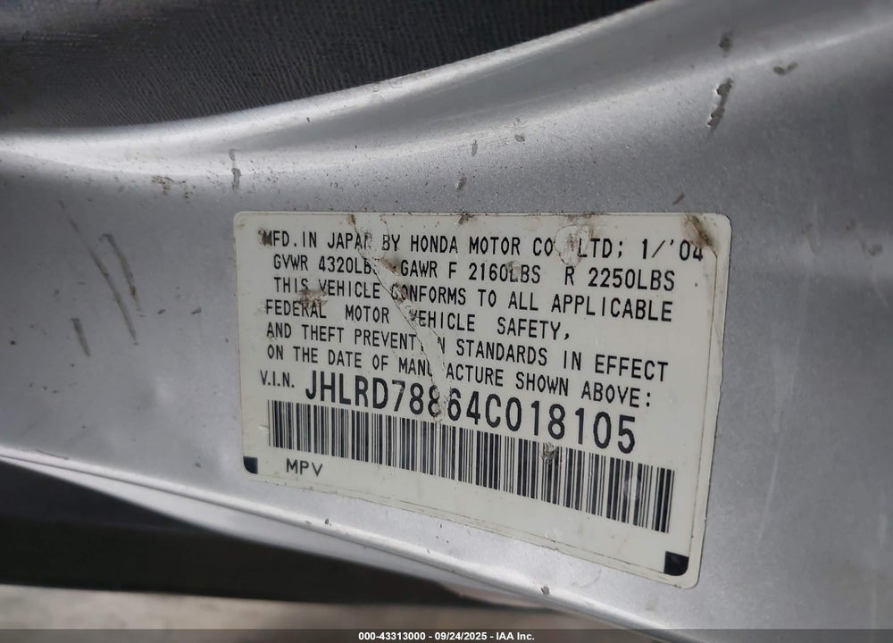 2004 HONDA CR-V EX VIN: JHLRD78864C018105