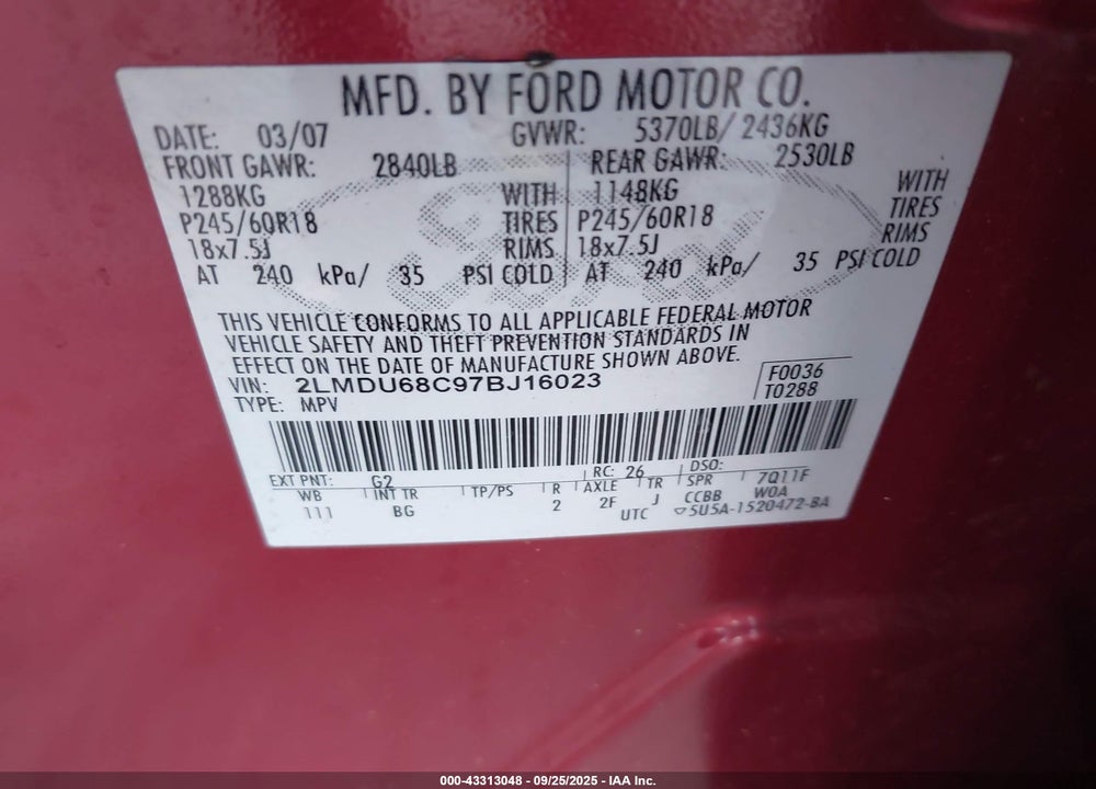 2007 LINCOLN MKX VIN: 2LMDU68C97BJ16023