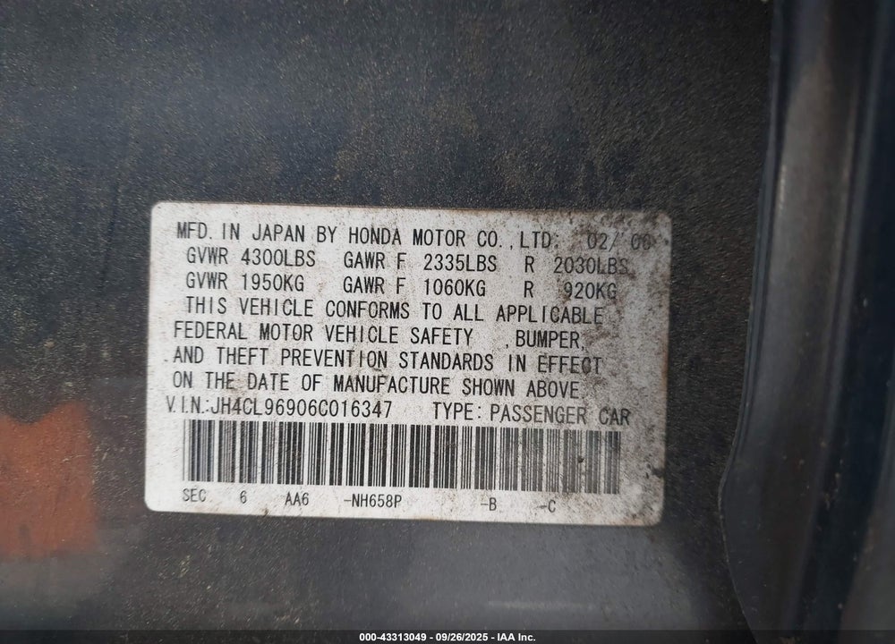2006 ACURA TSX VIN: JH4CL96906C016347
