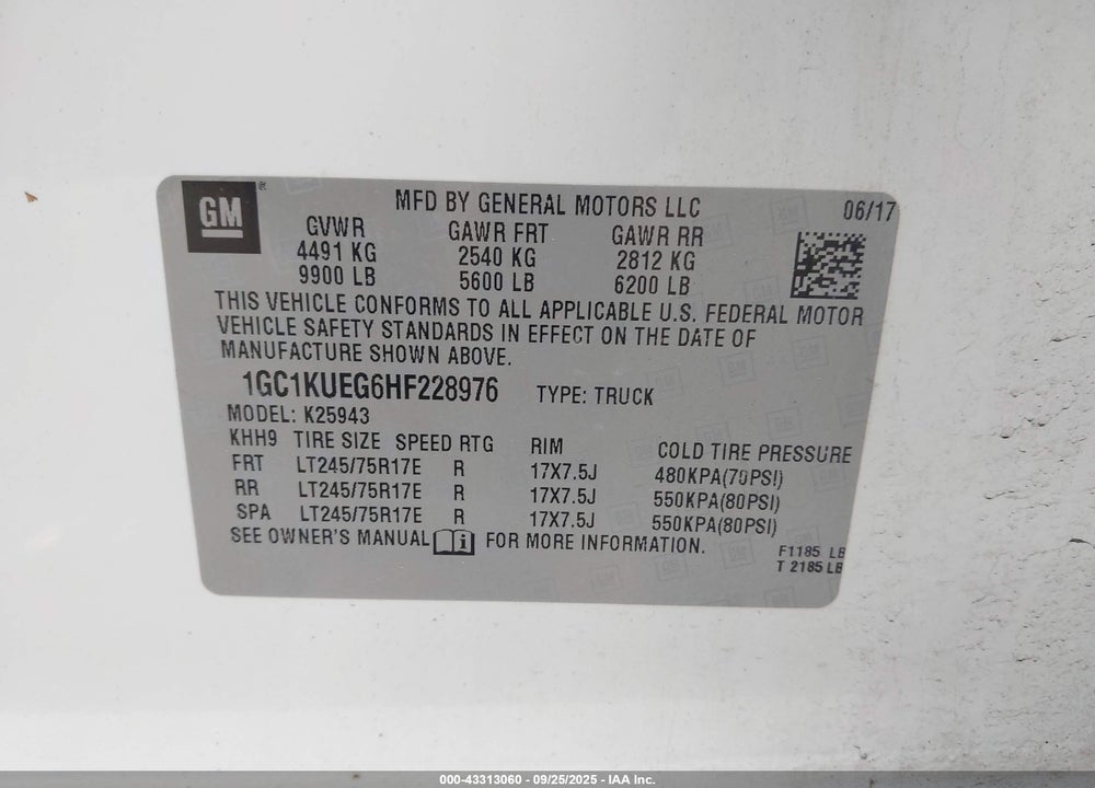 2017 CHEVROLET SILVERADO 2500 VIN: 1GC1KUEG6HF228976