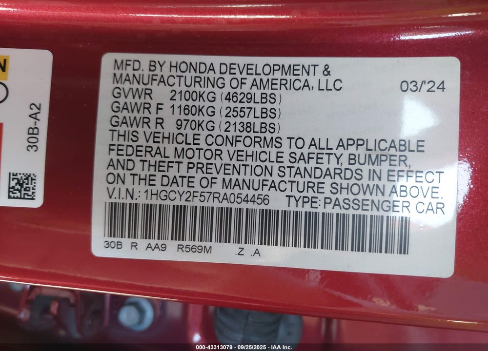 2024 HONDA ACCORD HYBRID SPORT VIN: 1HGCY2F57RA054456