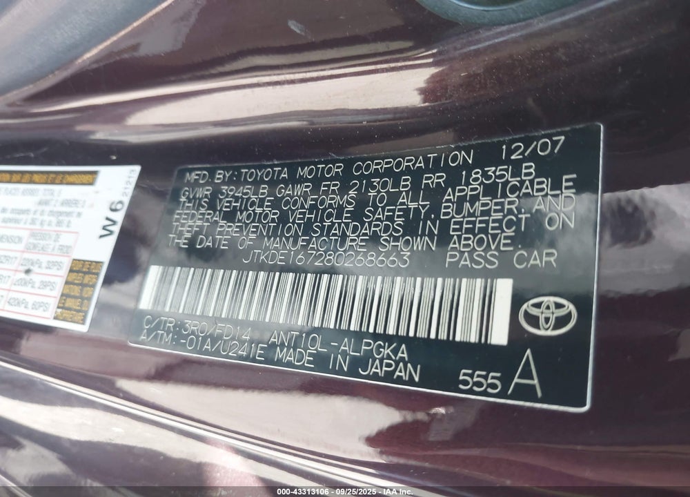 2008 SCION TC VIN: JTKDE167280268663