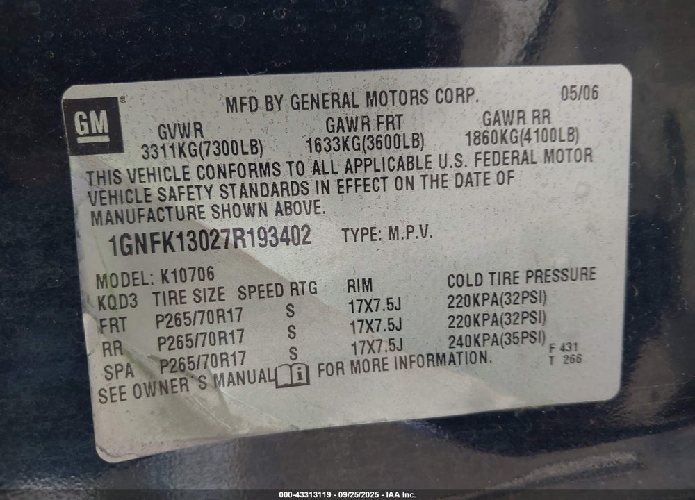 2007 CHEVROLET TAHOE LT VIN: 1GNFK13027R193402