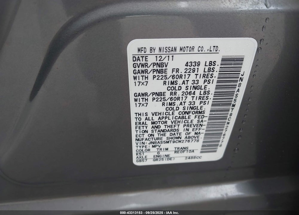 2012 NISSAN ROGUE VIN: JN8AS5MT9CW276778