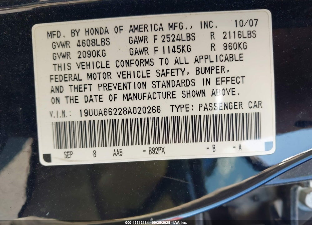 2008 ACURA TL 3.2 VIN: 19UUA66228A020266