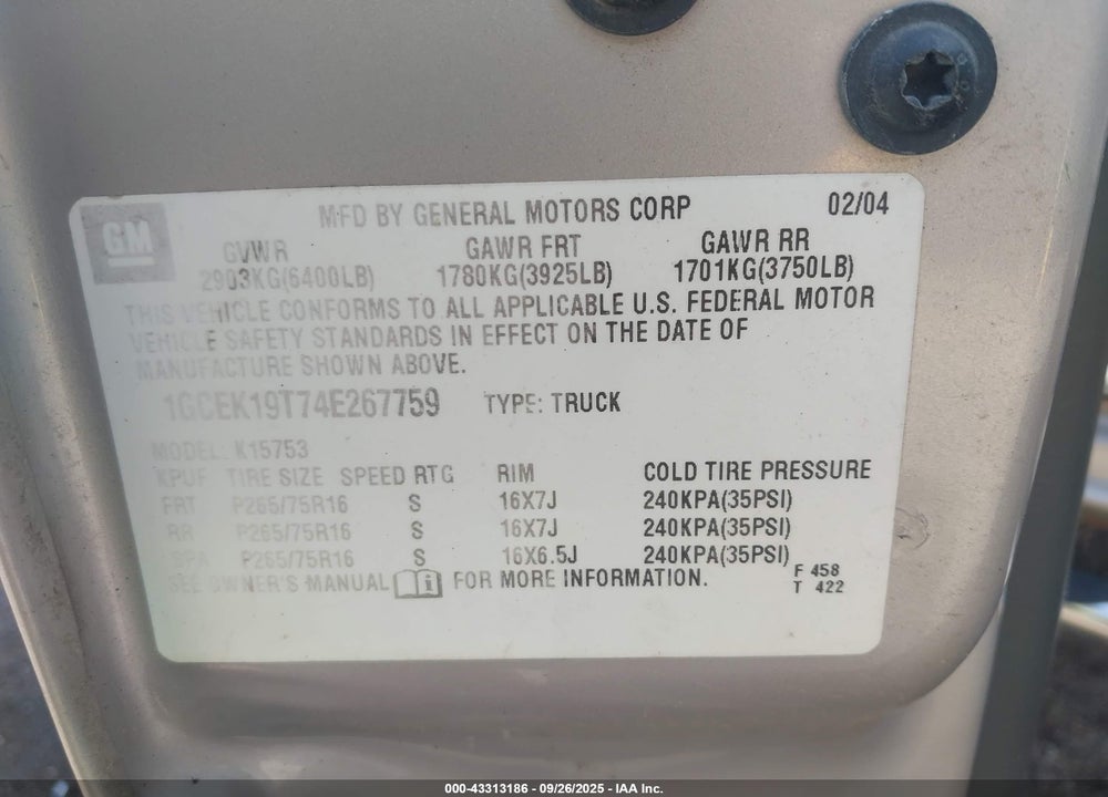 2004 CHEVROLET SILVERADO 1500 Z71 VIN: 1GCEK19T74E267759
