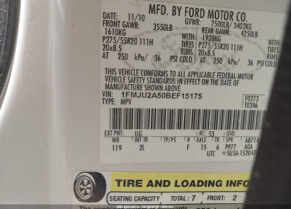 2011 FORD EXPEDITION VIN: 1FMJU2A50BEF15175