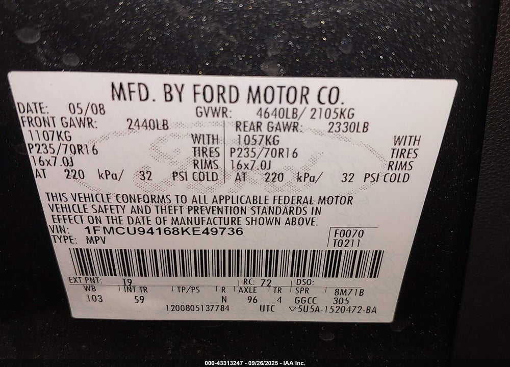 2008 FORD ESCAPE LIMITED VIN: 1FMCU94168KE49736