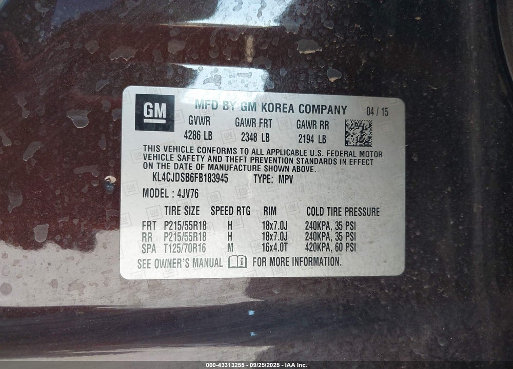 2015 BUICK ENCORE VIN: KL4CJDSB6FB183945