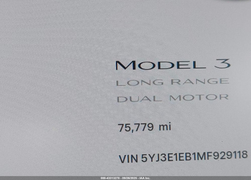 2021 TESLA MODEL 3 LONG RANGE DUAL MOTOR ALL-WHEEL DRIVE VIN: 5YJ3E1EB1MF929118