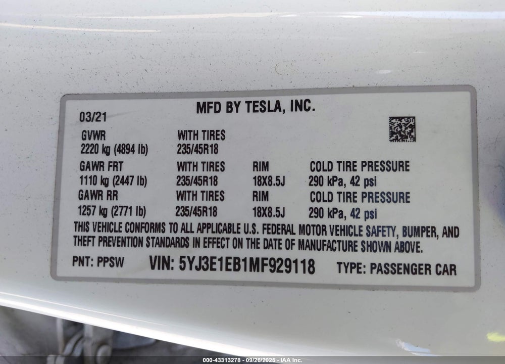 2021 TESLA MODEL 3 LONG RANGE DUAL MOTOR ALL-WHEEL DRIVE VIN: 5YJ3E1EB1MF929118