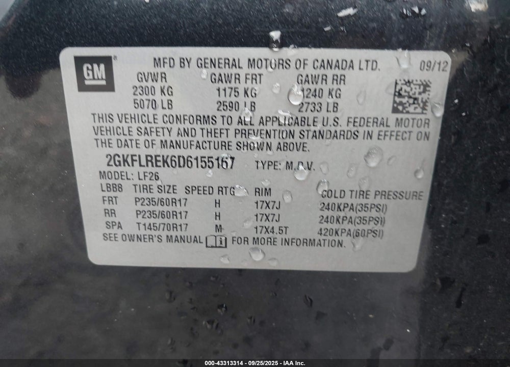 2013 GMC TERRAIN VIN: 2GKFLREK6D6155167