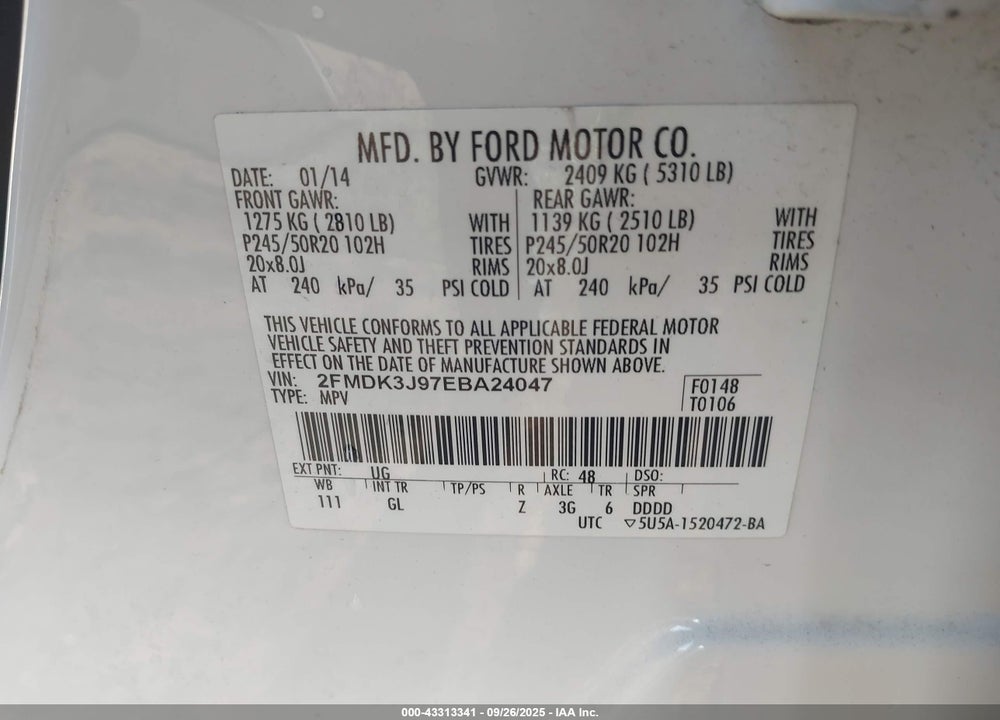 2014 FORD EDGE VIN: 2FMDK3J97EBA24047