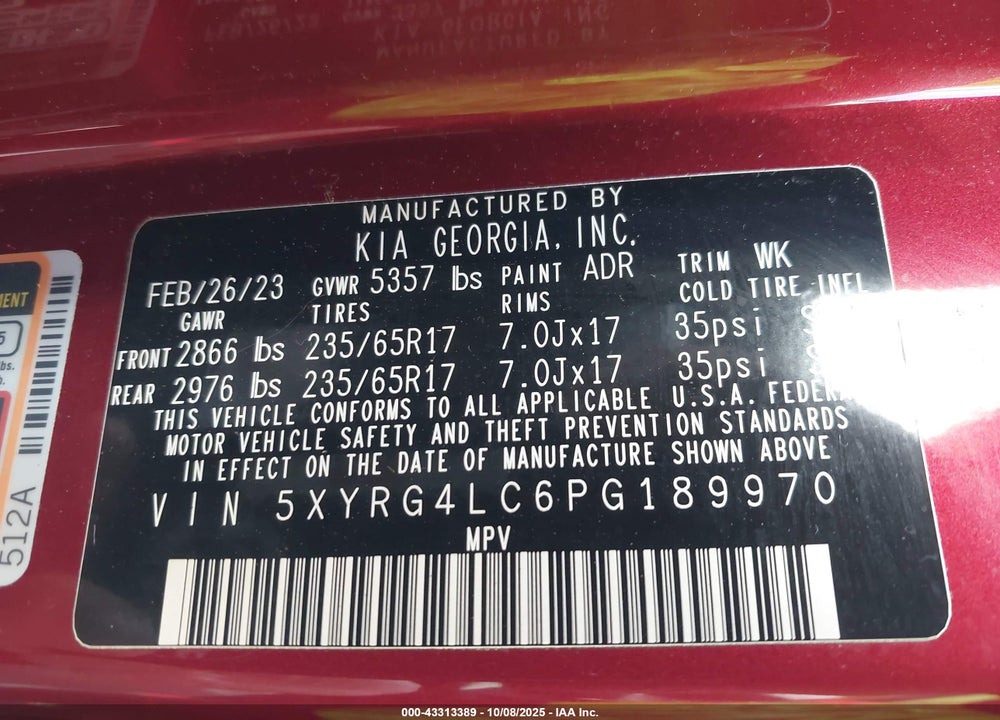 2023 KIA SORENTO VIN: 5XYRG4LC6PG189970