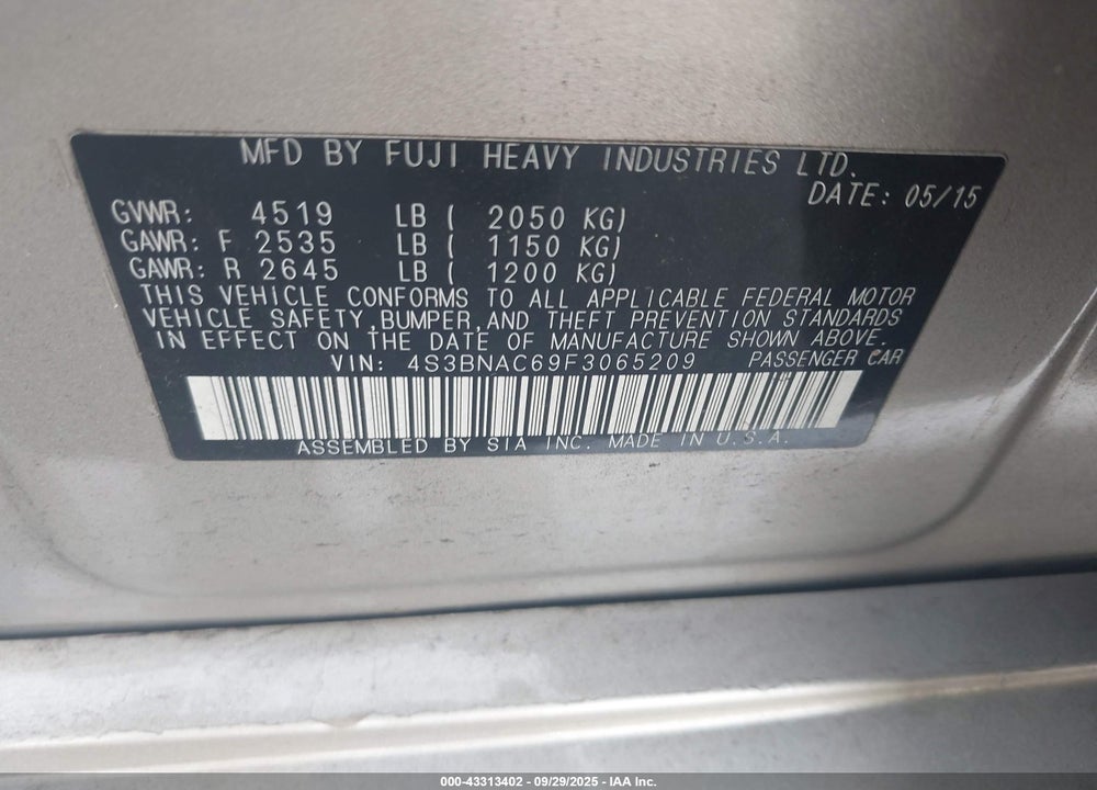 2015 SUBARU LEGACY 2.5I PREMIUM VIN: 4S3BNAC69F3065209