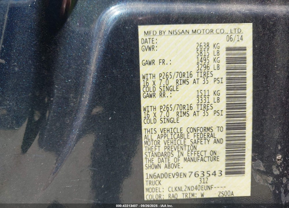 2014 NISSAN FRONTIER VIN: 1N6AD0EV9EN763543