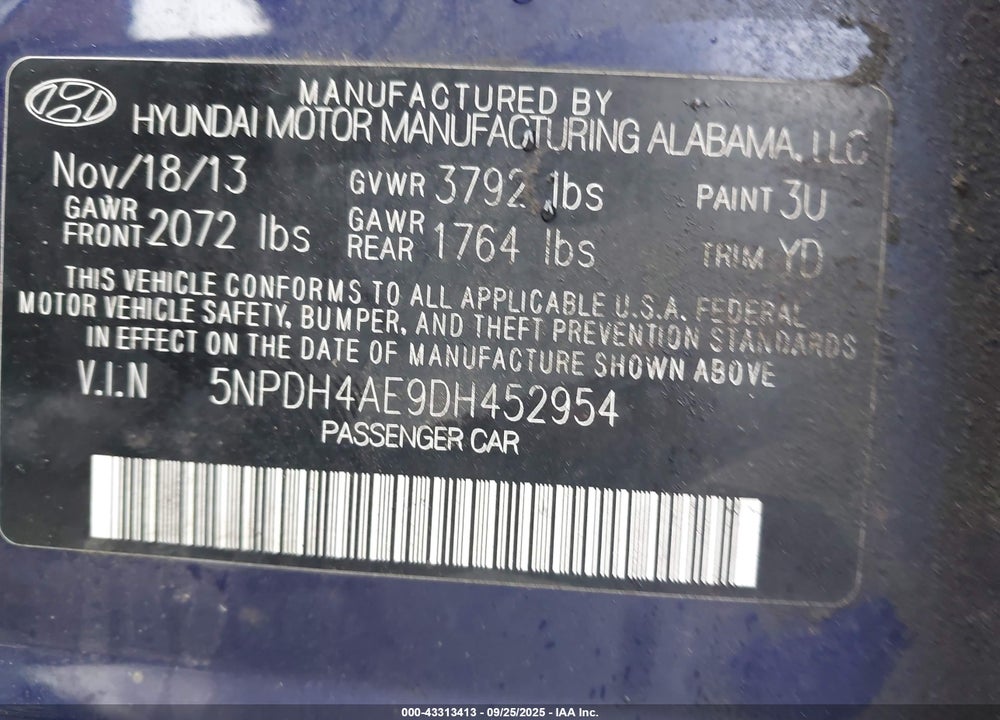 2013 HYUNDAI ELANTRA GLS VIN: 5NPDH4AE9DH452954