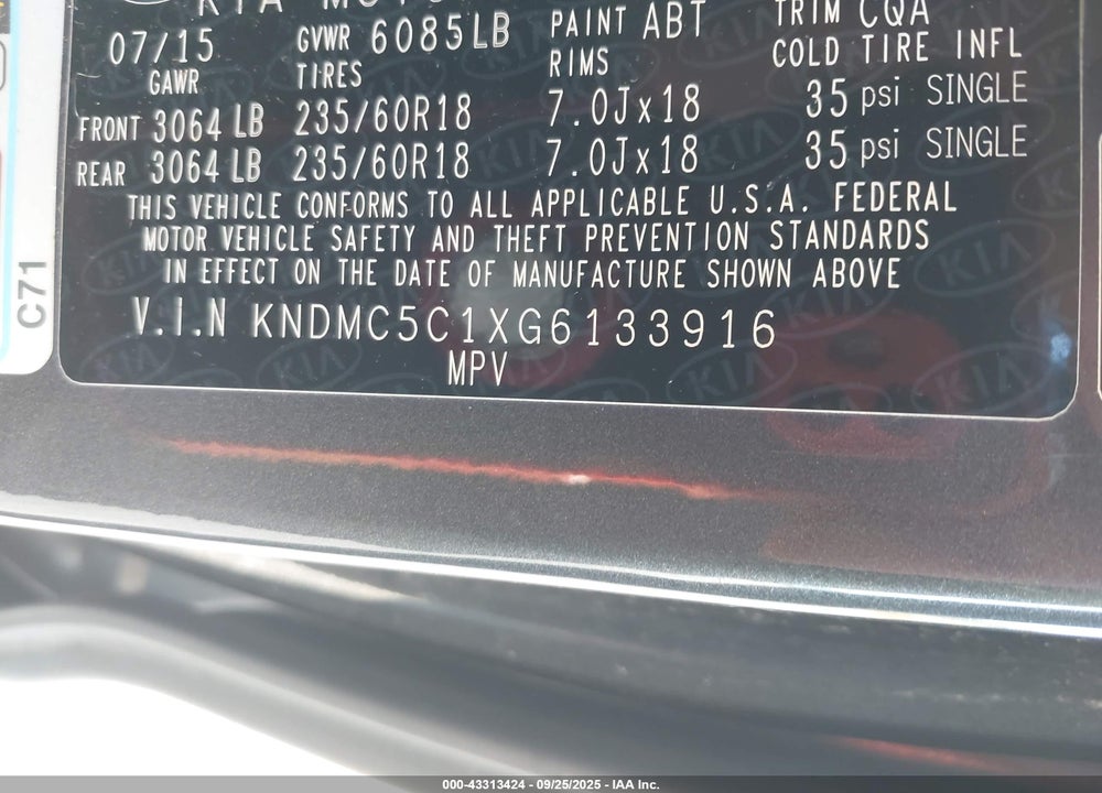 2016 KIA SEDONA EX VIN: KNDMC5C1XG6133916