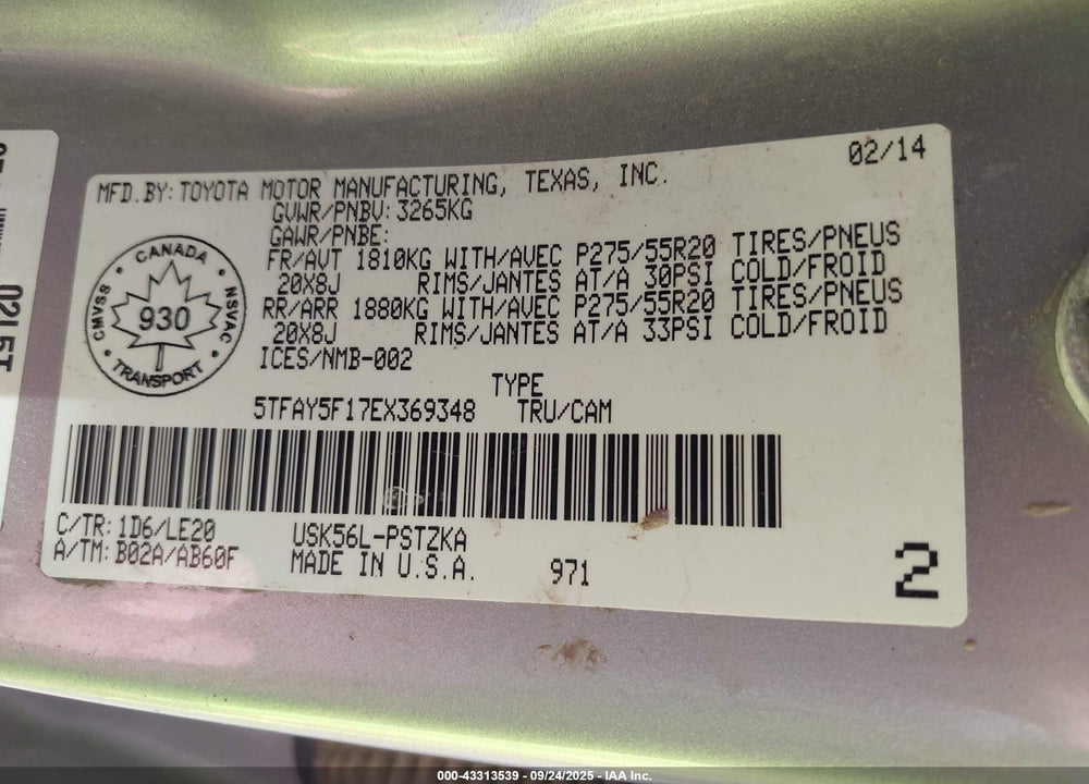 2014 TOYOTA TUNDRA PLATINUM 5.7L V8 VIN: 5TFAY5F17EX369348