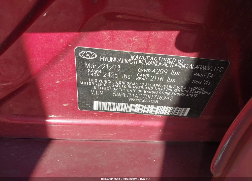 2013 HYUNDAI SONATA GLS VIN: 5NPEB4AC7DH716242
