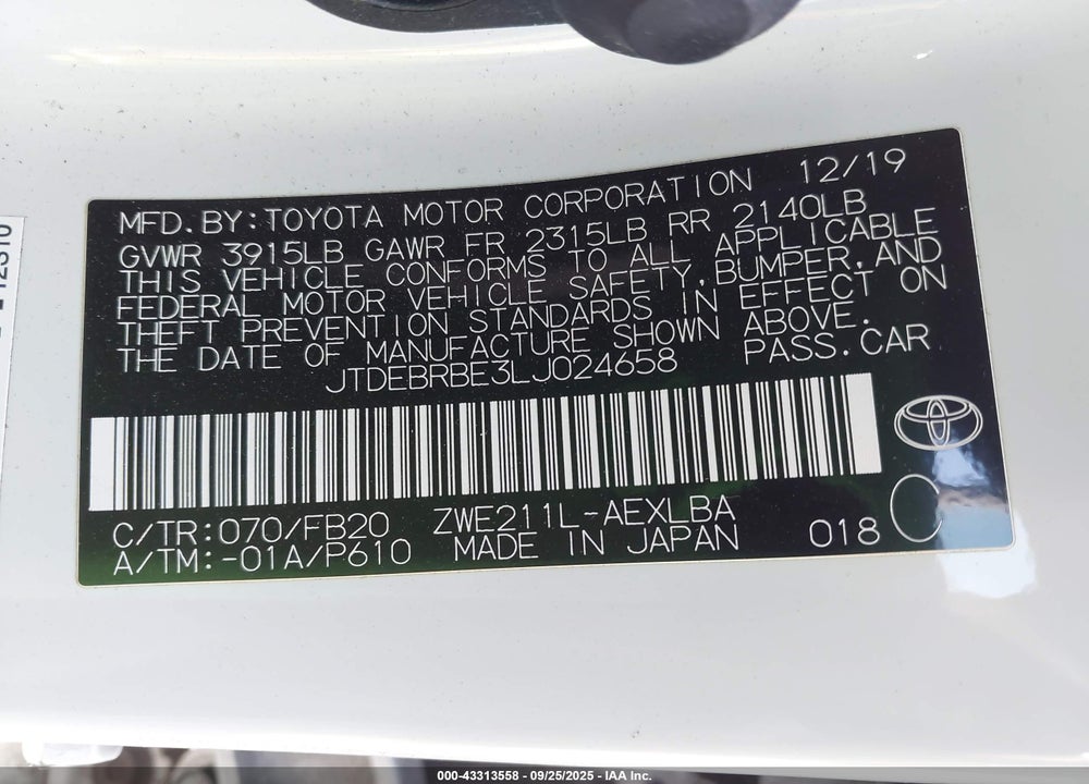 2020 TOYOTA COROLLA HYBRID LE VIN: JTDEBRBE3LJ024658