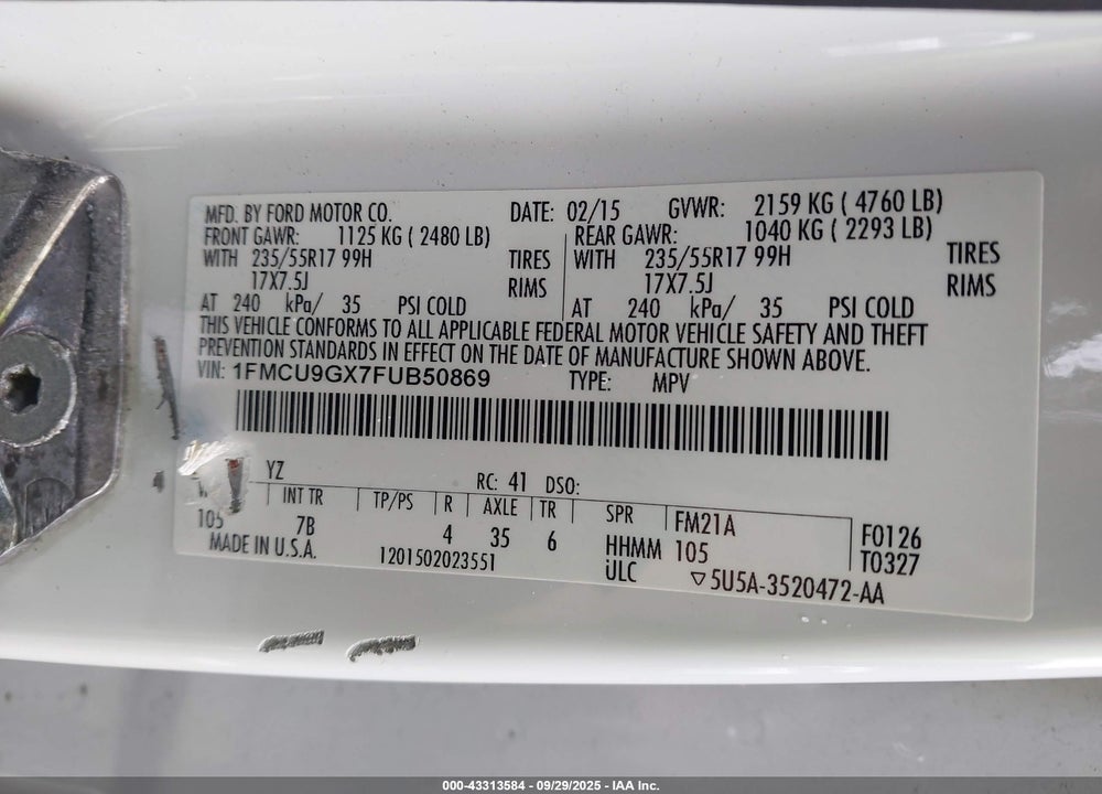 2015 FORD ESCAPE VIN: 1FMCU9GX7FUB50869