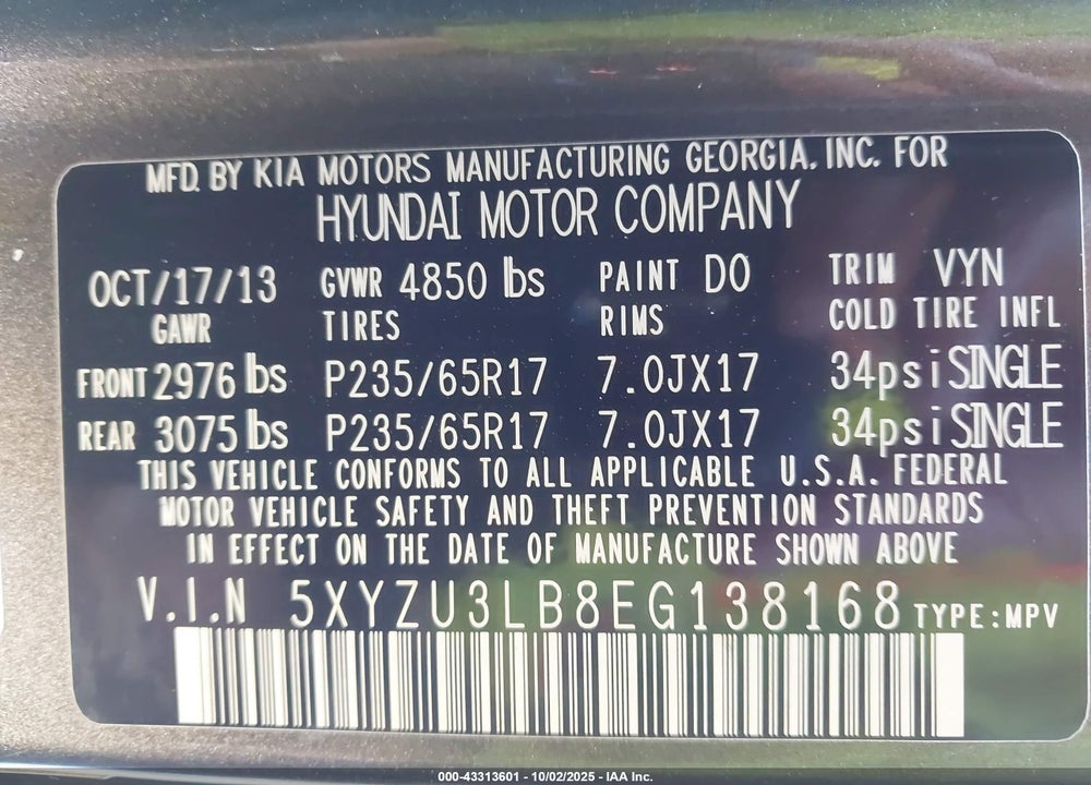 2014 HYUNDAI SANTA FE VIN: 5XYZU3LB8EG138168
