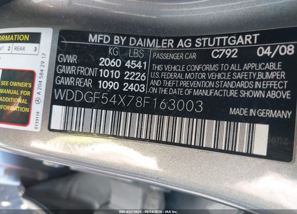 2008 MERCEDES-BENZ C CLASS VIN: WDDGF54X78F163003