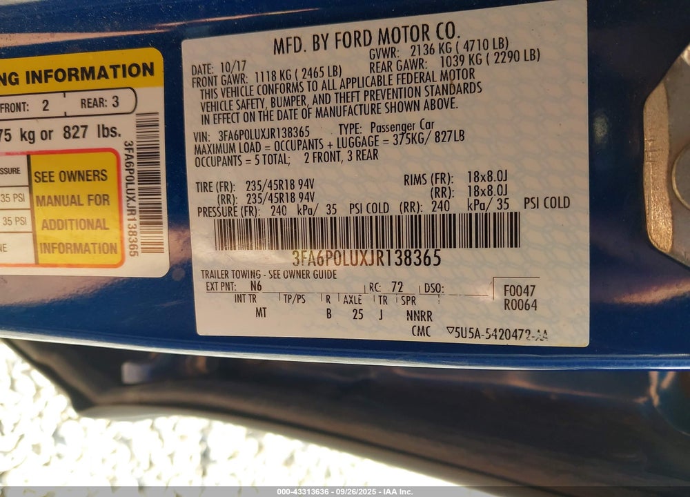 2018 FORD FUSION VIN: 3FA6P0LUXJR138365