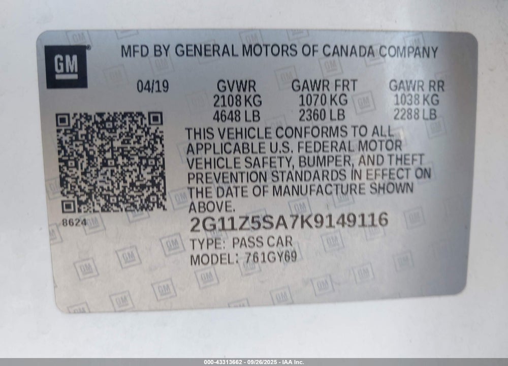 2019 CHEVROLET IMPALA VIN: 2G11Z5SA7K9149116