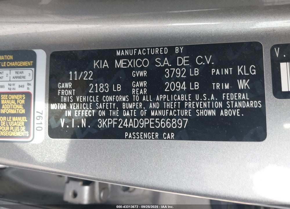 2023 KIA FORTE VIN: 3KPF24AD9PE566897