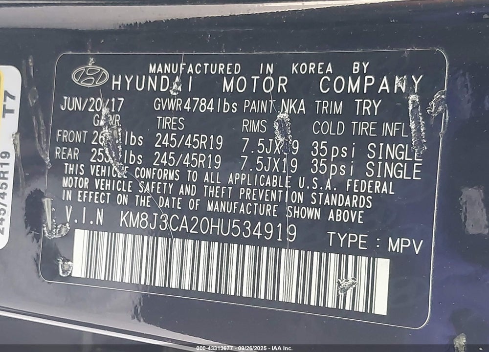 2017 HYUNDAI TUCSON VIN: KM8J3CA20HU534919