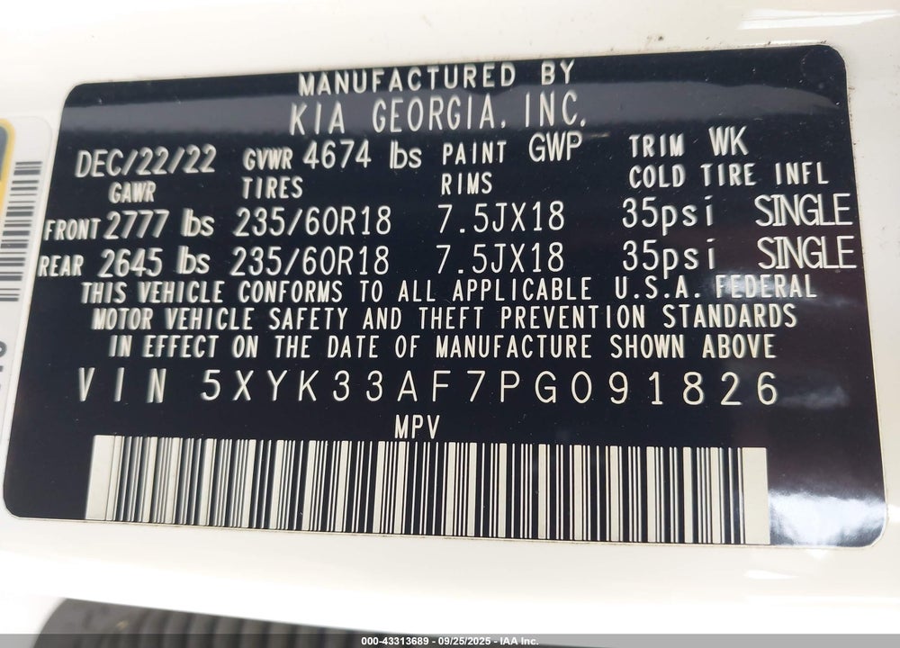 2023 KIA SPORTAGE VIN: 5XYK33AF7PG091826